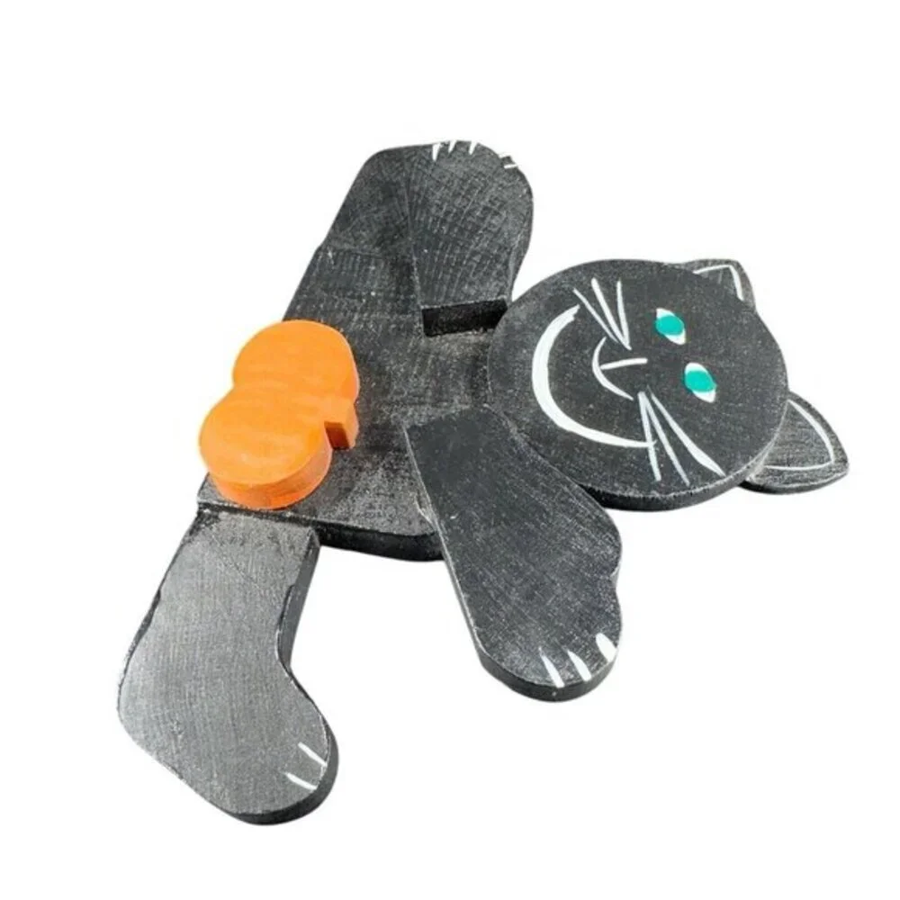 Vintage Folk Art Wood Kitty Cat Black‎ Cat With Pumpkin Painted Decor Spooky VTG